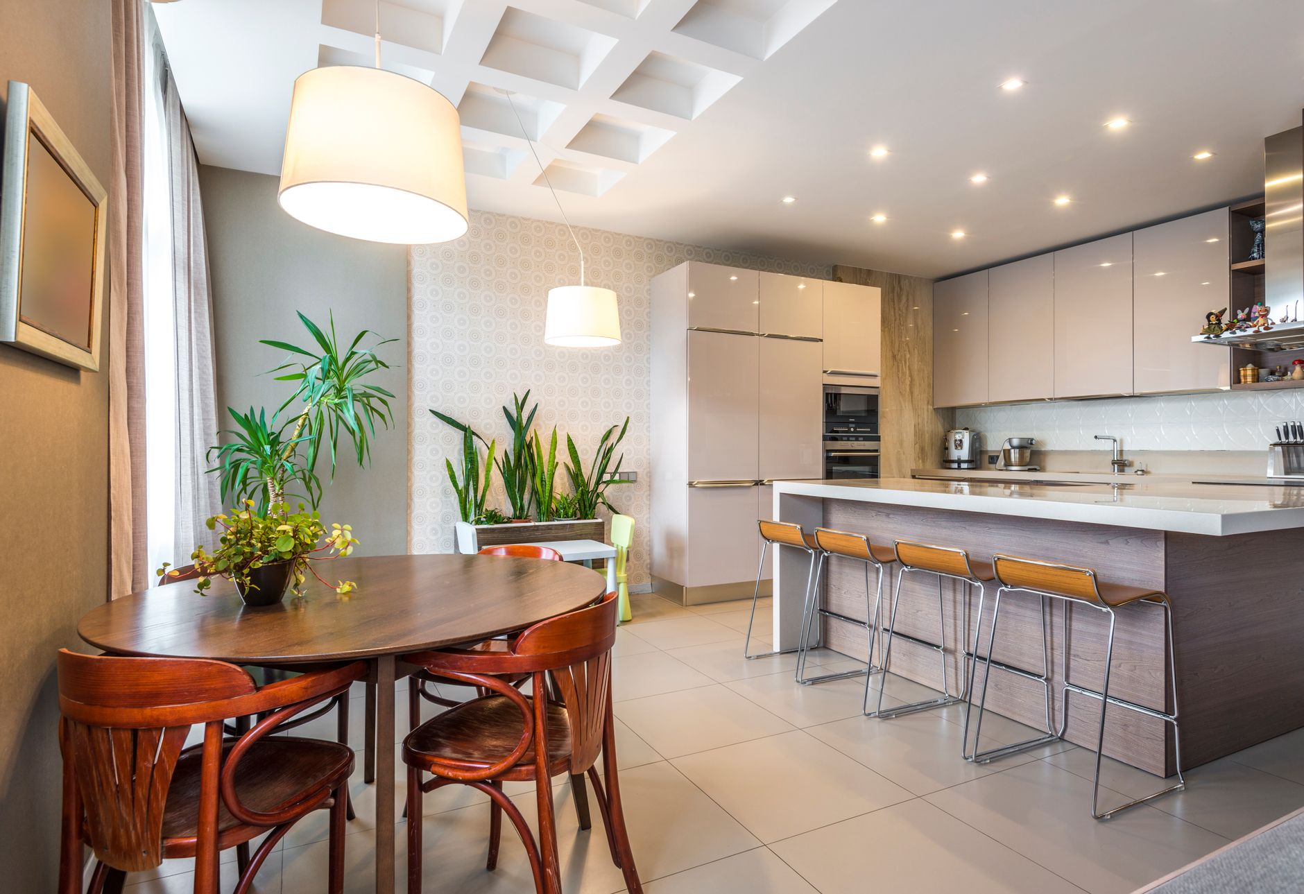 Contemporary kitchen interior featuring wooden chairs, houseplants, and sleek appliances creating a warm in Palm Springs, CA